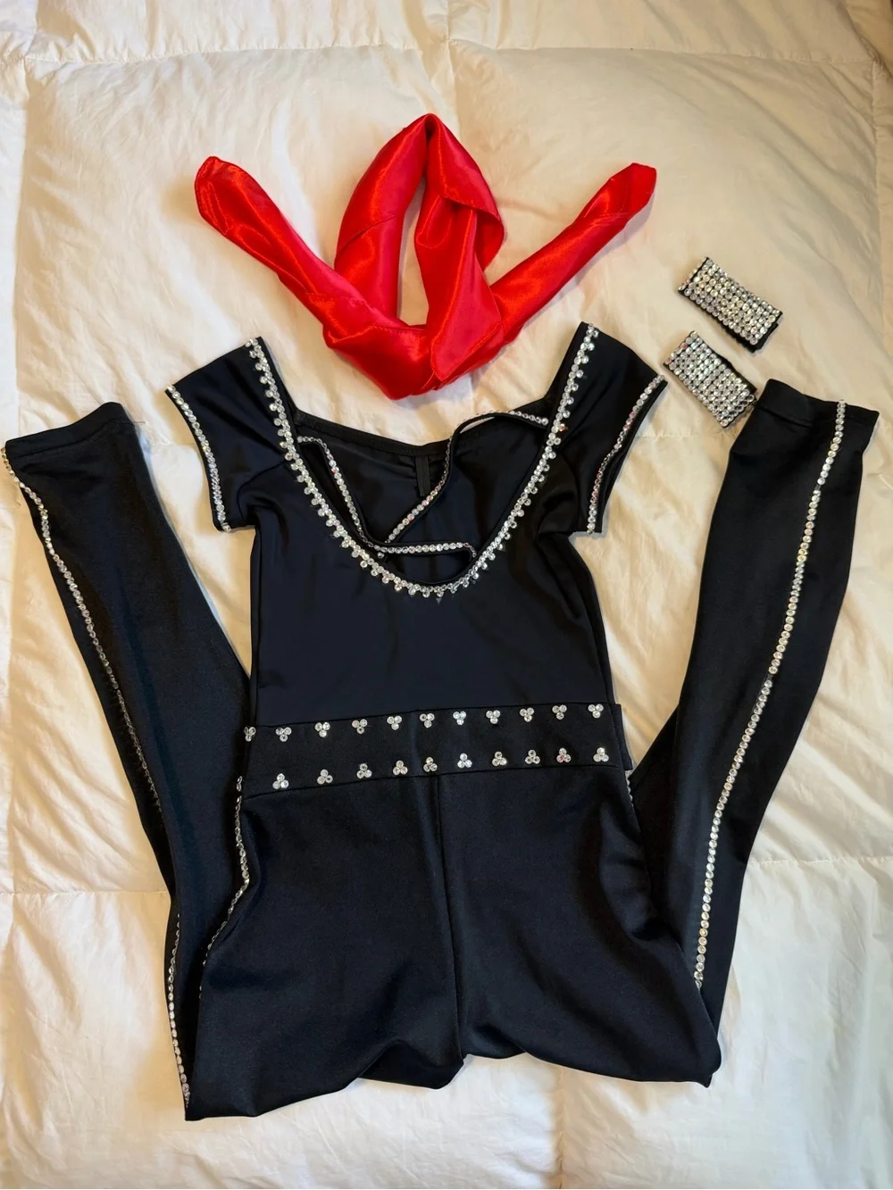 Girls Black Gem-Trim Jumpsuit with Rhinestone Belt